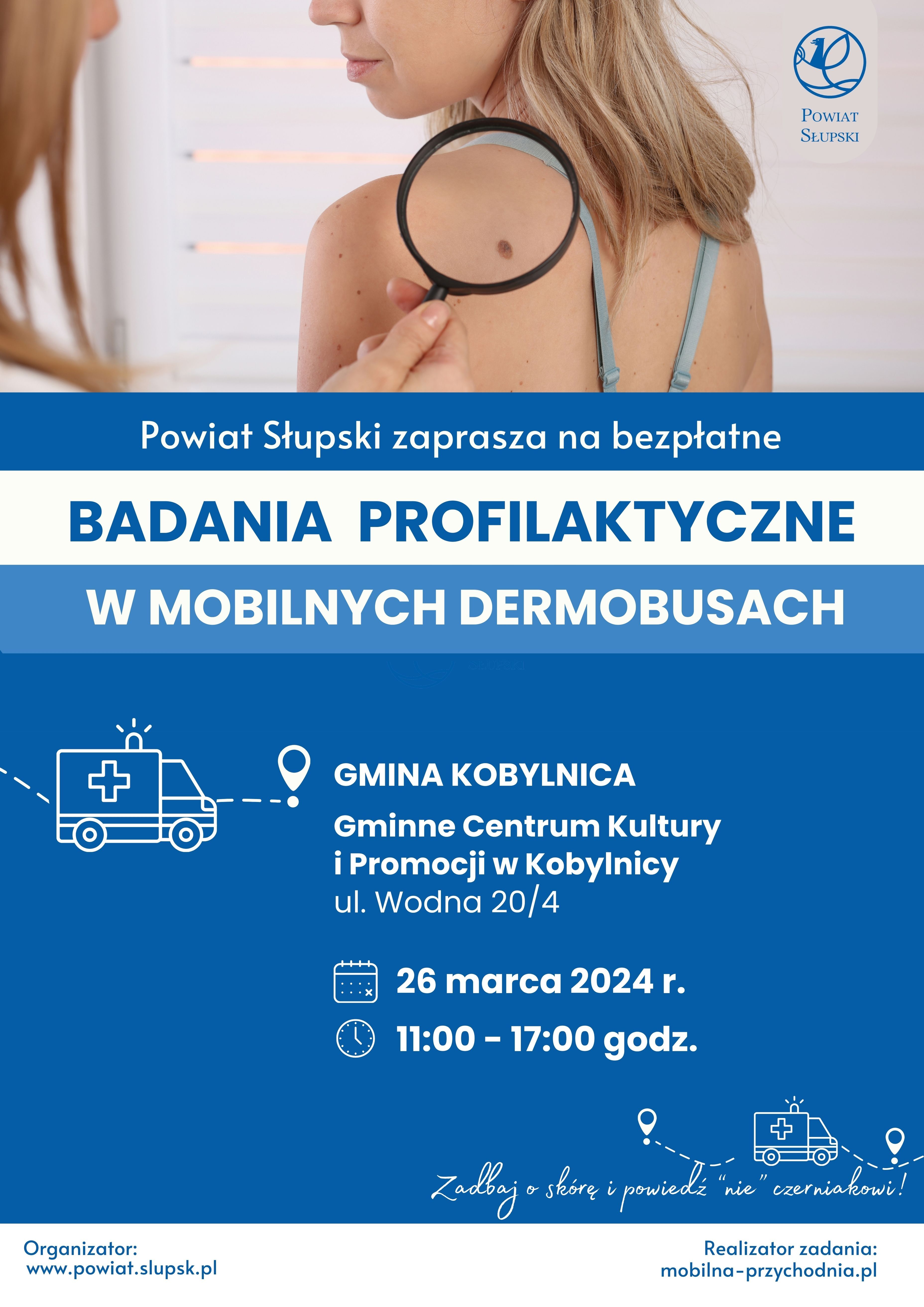 plakat przedstawiający badania profilaktyczne w mobilnych dermobusach