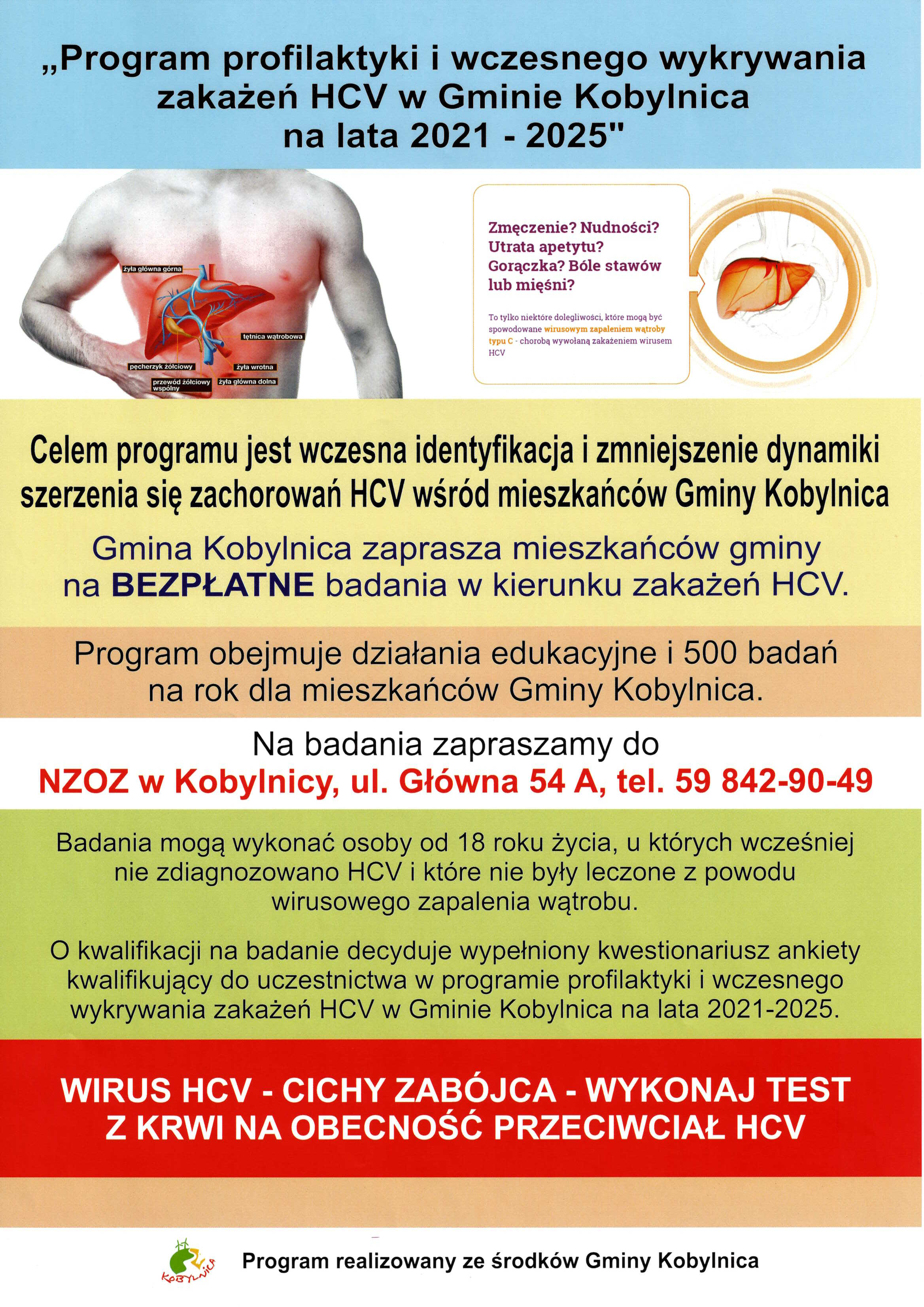 plakat przedstawiający program profilaktyki i wczesnego wykrywania HCV w Gminie Kobylnica na lata 2021 – 2025 