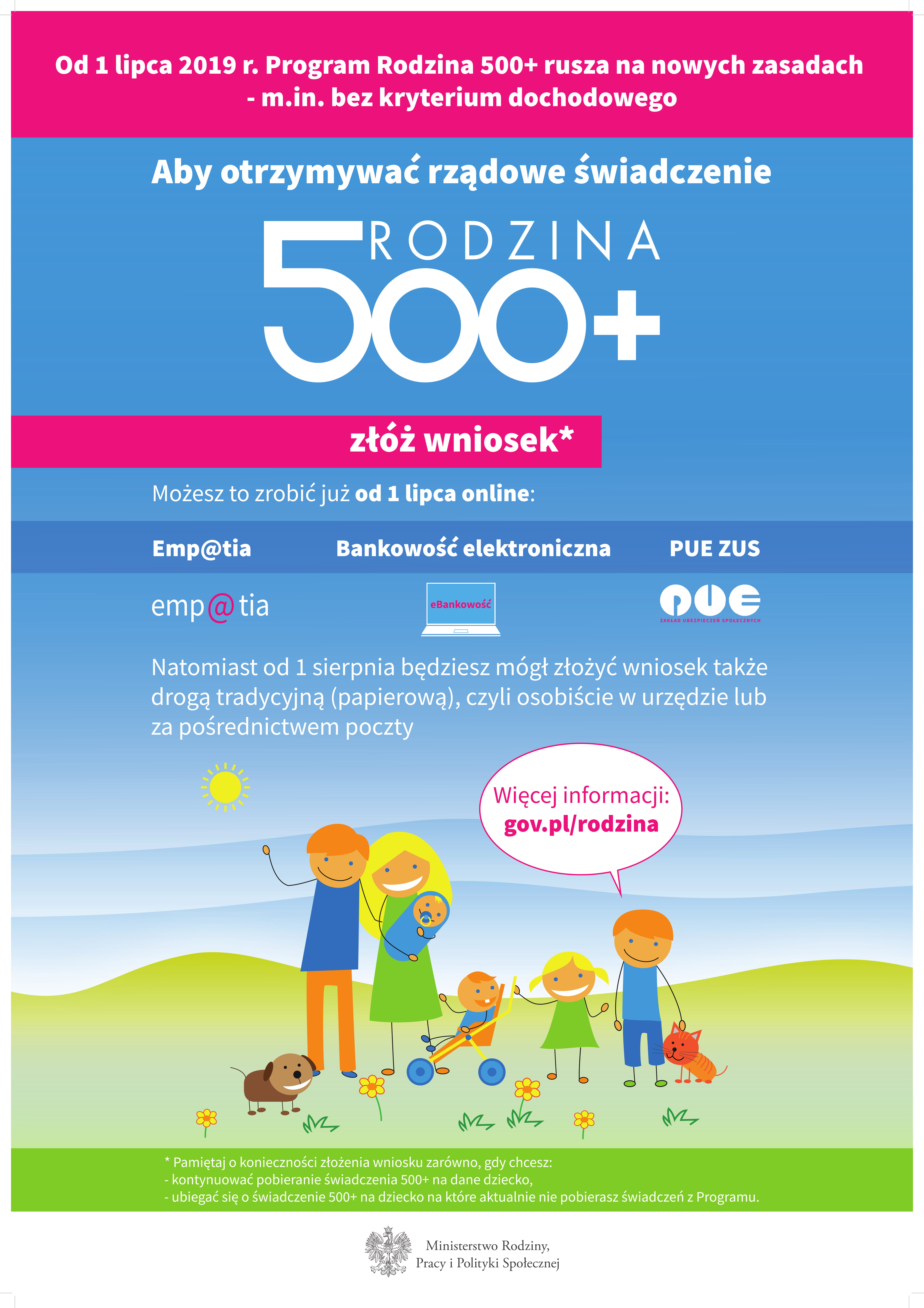 Świadczenie wychowawcze Rodzina 500 + - plakat informujący