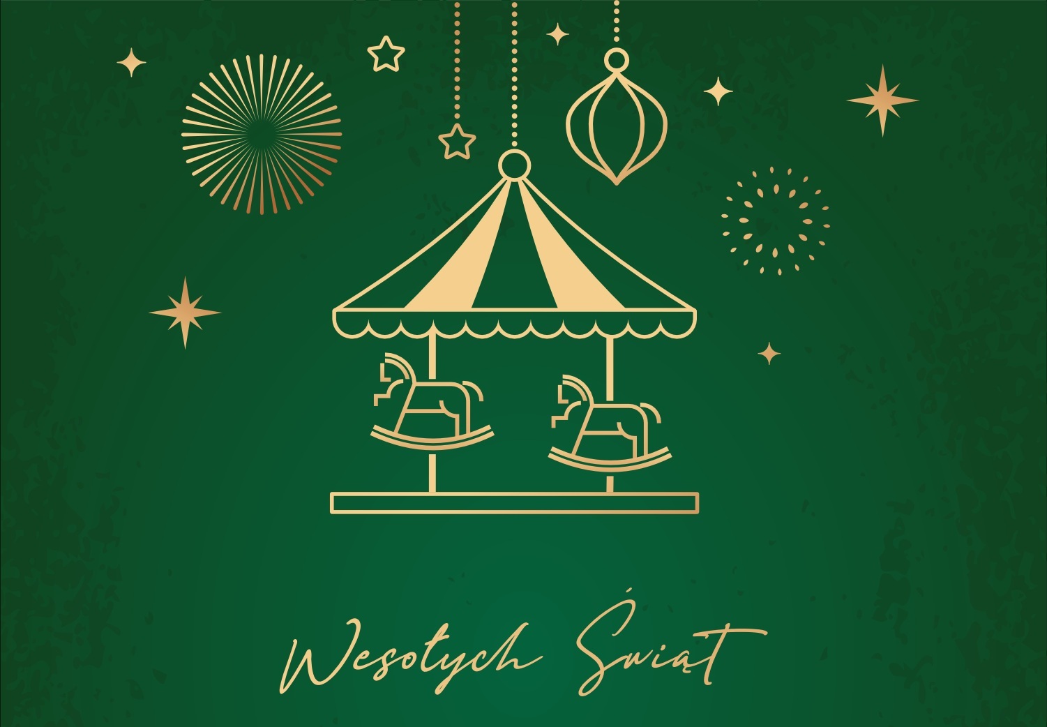grafika przedstawia karuzelę z dwoma konikami, zielone tło z bombkami i gwiazdkami w kolorze złotym