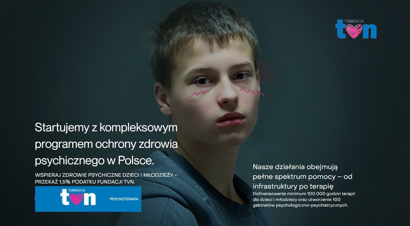 plakat przedstawia ogólną informację o kompleksowym programie ochrony zdrowia psychicznego w Polsce, logo TVN i w centralnej jego części chłopca ze smutną miną