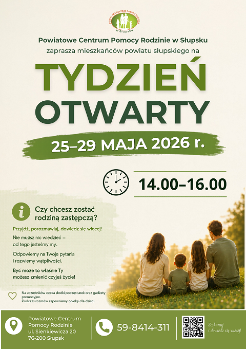 obraz przedstawia podstawowe informacje dotyczące tygodnia otwartego PCPR w Słupsku
