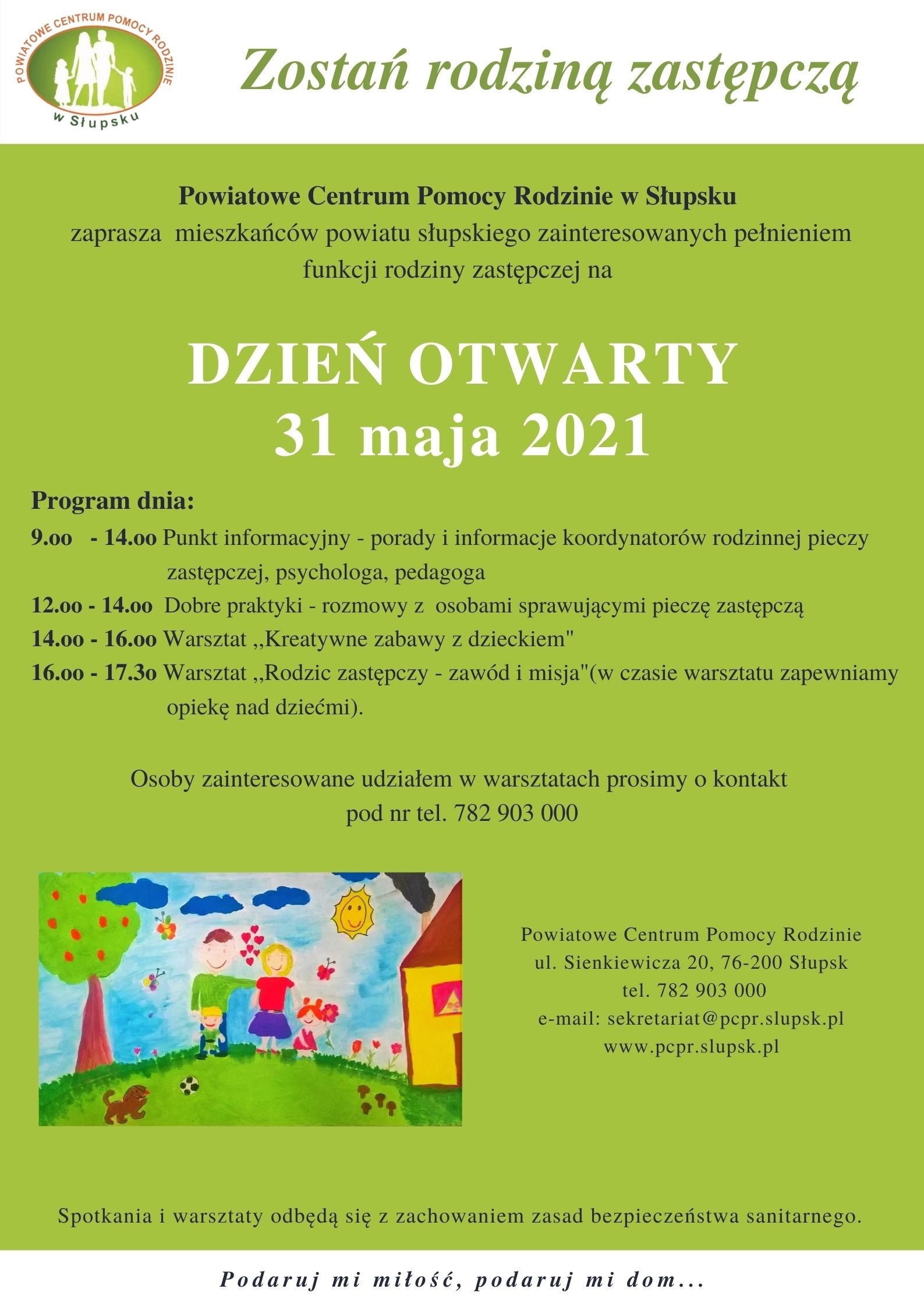 plakat przedstawiający dzień otwarty powiatowego centrum pomocy rodzinie w słupsku