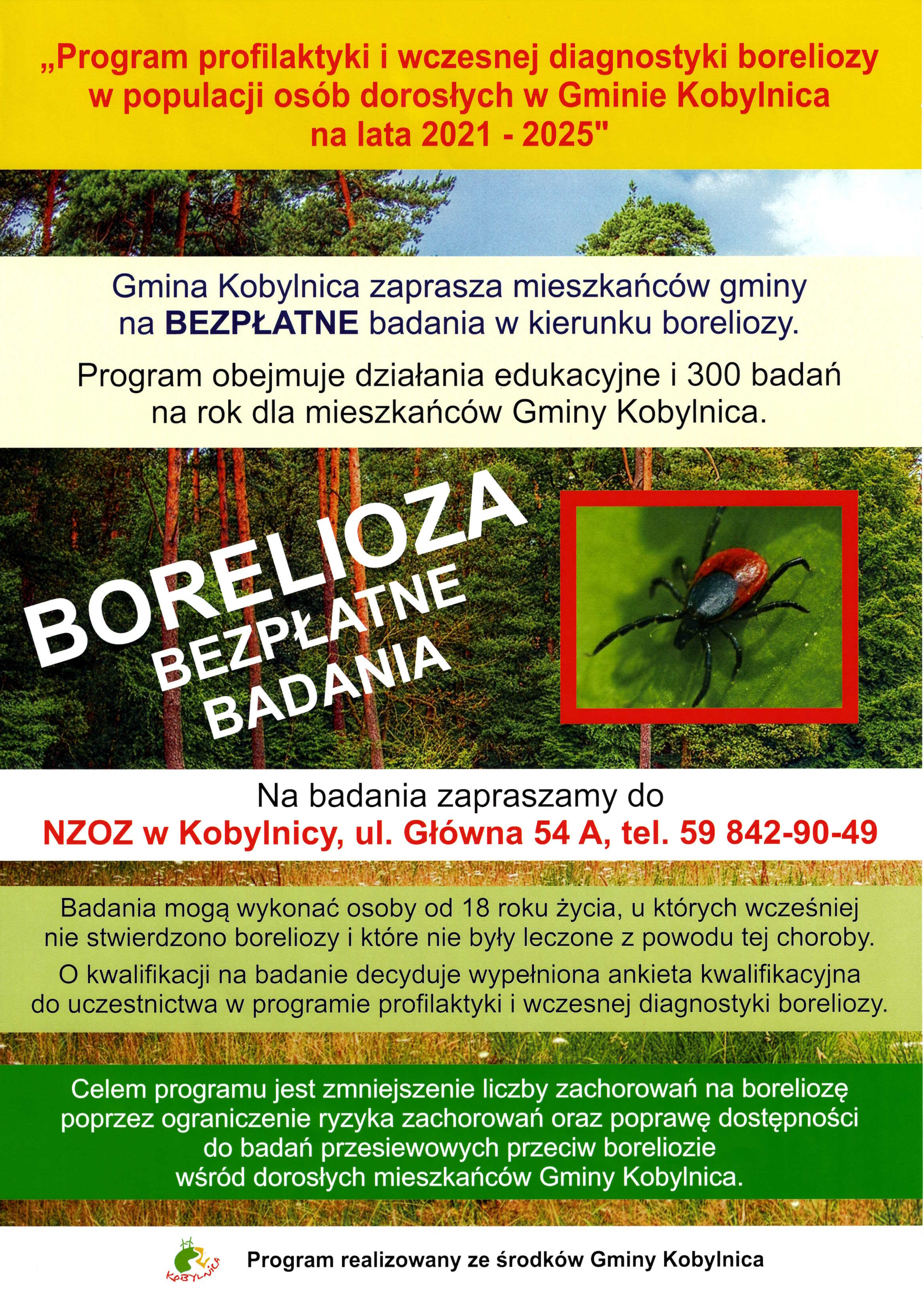 plakat przedstawiający Program profilaktyki i wczesnej diagnostyki boreliozy w populacji osób dorosłych w Gminie Kobylnica na lata 2021 - 2025 