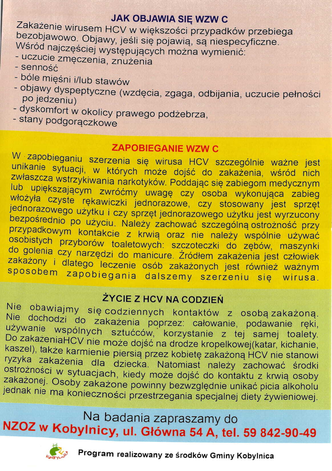 ulotka przedstawiająca program profilaktyki i wczesnego wykrywania HCV w Gminie Kobylnica na lata 2021 – 2025 