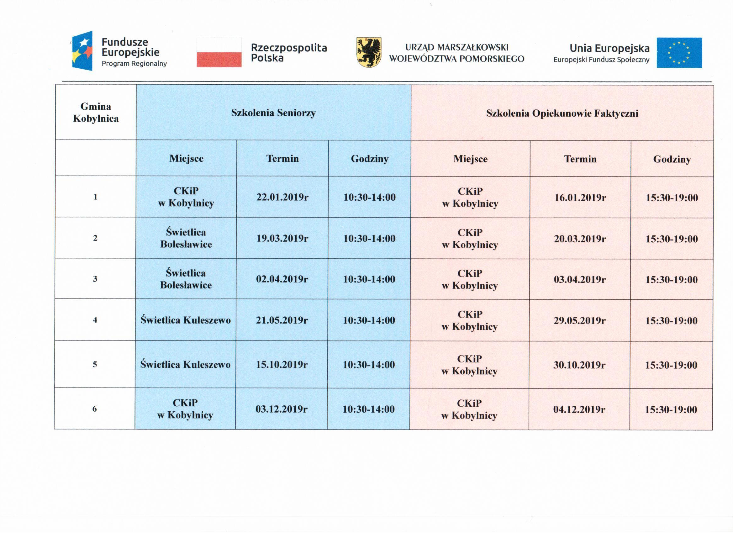 obraz przedstawia harmonogram szkoleń w roku 2019 dla seniorów i opiekunów faktycznych biorących udział w projekcie srebrna sieć 