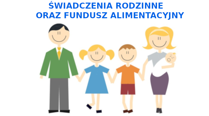 napis o treści: świadczenia rodzinne oraz fundusz alimentacyjny wraz z animacją przedstawiającą pięcioosobową rodzinę w pozycji stojącej